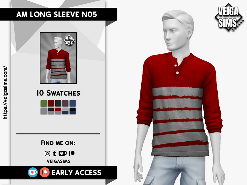 Un mannequin masculin dans Les Sims 4 portant une chemise à boutons rouge avec des rayures grises, les manches sont retroussées