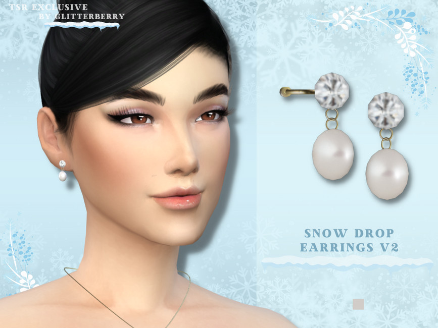 Un sim aux cheveux noirs portant une paire de boucles d'oreilles qui sont une boucle en diamant avec une petite perle qui descend.