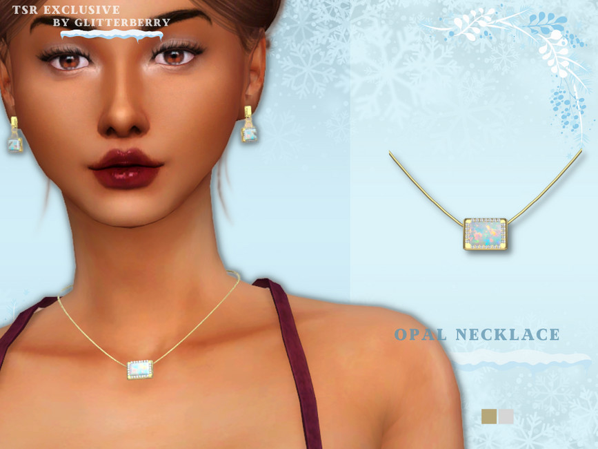 Un Sim dans Les Sims 4 portant un collier de mariage cc qui est un grand rectangle en opale avec des diamants autour.
