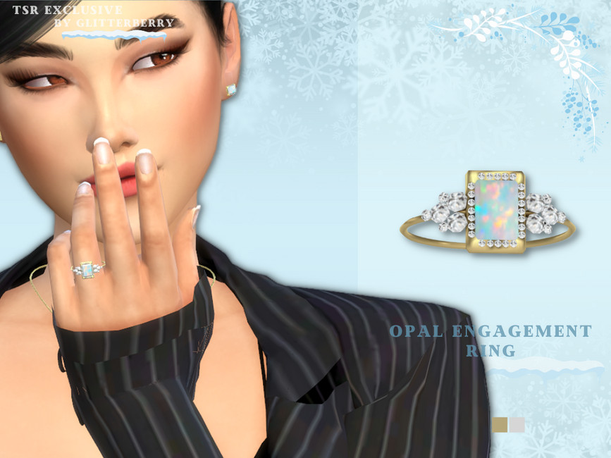 Un sim portant un blazer noir à rayures avec des cheveux noirs et des yeux bruns et portant une bague de mariage en opale rectangulaire
