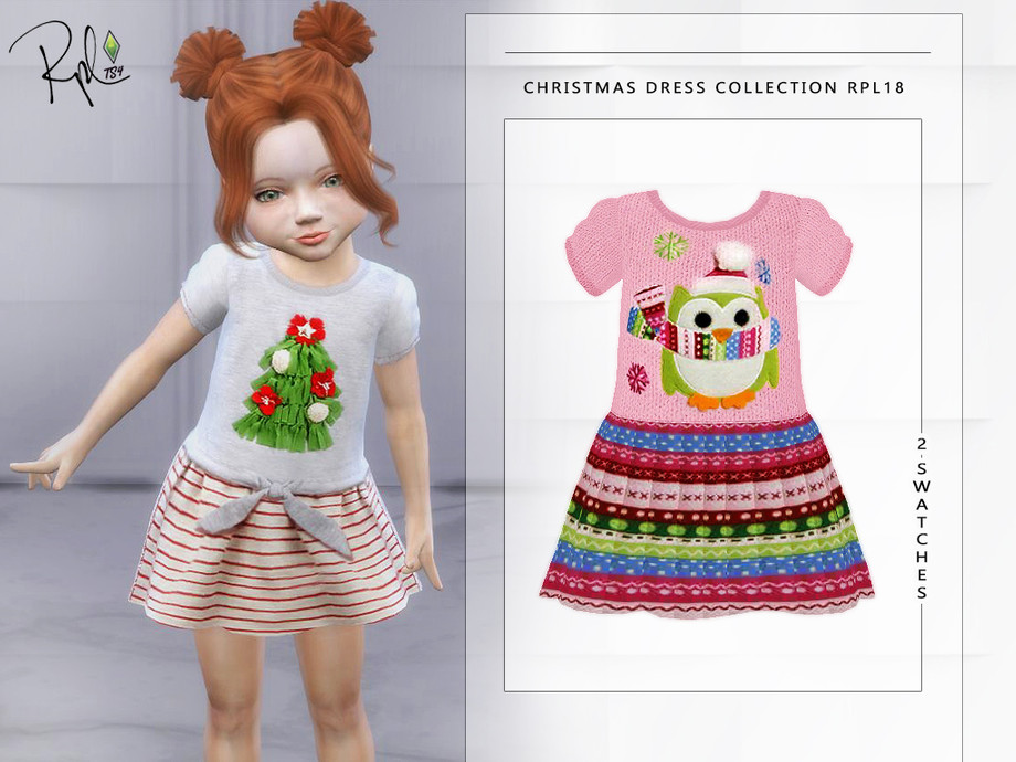 Une Sim avec des cheveux roux portant une robe t-shirt aux couleurs vives avec un sapin de Noël à l'avant pour votre dossier de CC.