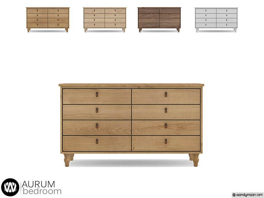 Un fond blanc avec une commode en bois à huit tiroirs au milieu. Il y a aussi les autres échantillons en haut avec les quatre options différentes de teintes de bois.