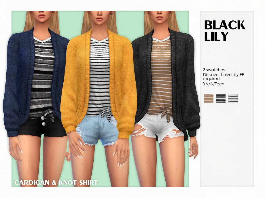Le même sim 3 fois avec la tête coupée de l'image. Ils portent tous des shorts avec un haut rayé noué à la hanche, et un cardigan. 