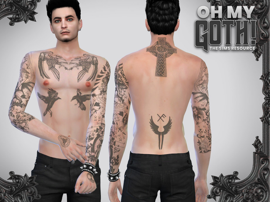 Un personnage masculin de The Sims 4 qui ne porte pas de chemise car il est couvert de tatouages. Il a une manche sur un bras et une demi-manche sur l'autre, deux tatouages dans le dos et un tatouage sur la poitrine.