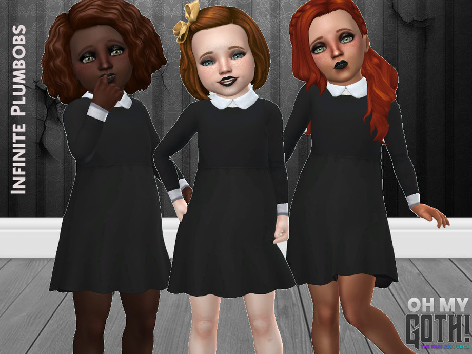 Trois personnages en bas âge de The Sims 4 portant des robes gothiques inspirées de Wednesday Addams et se tenant côte à côte.
