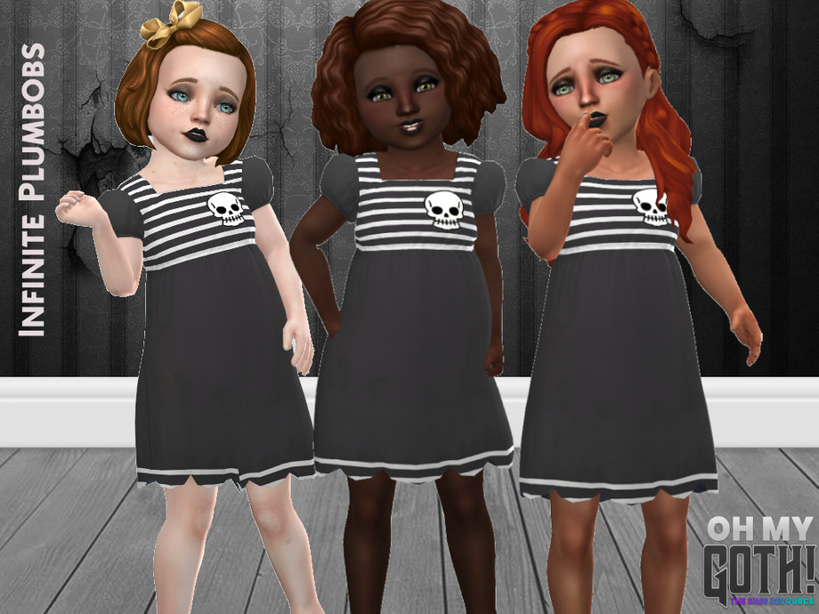 Trois personnages en bas âge de Les Sims 4. Ces personnages portent tous la même robe gothique avec des rayures noires et blanches sur le haut et un petit crâne sur la poitrine.