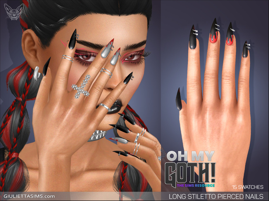 Un Sim avec des cheveux noirs et rouges tenant sa main devant son visage, il a des ongles longs en forme de stiletto qui sont noirs et rouges, ressemblant à du sang avec des anneaux qui en sortent.