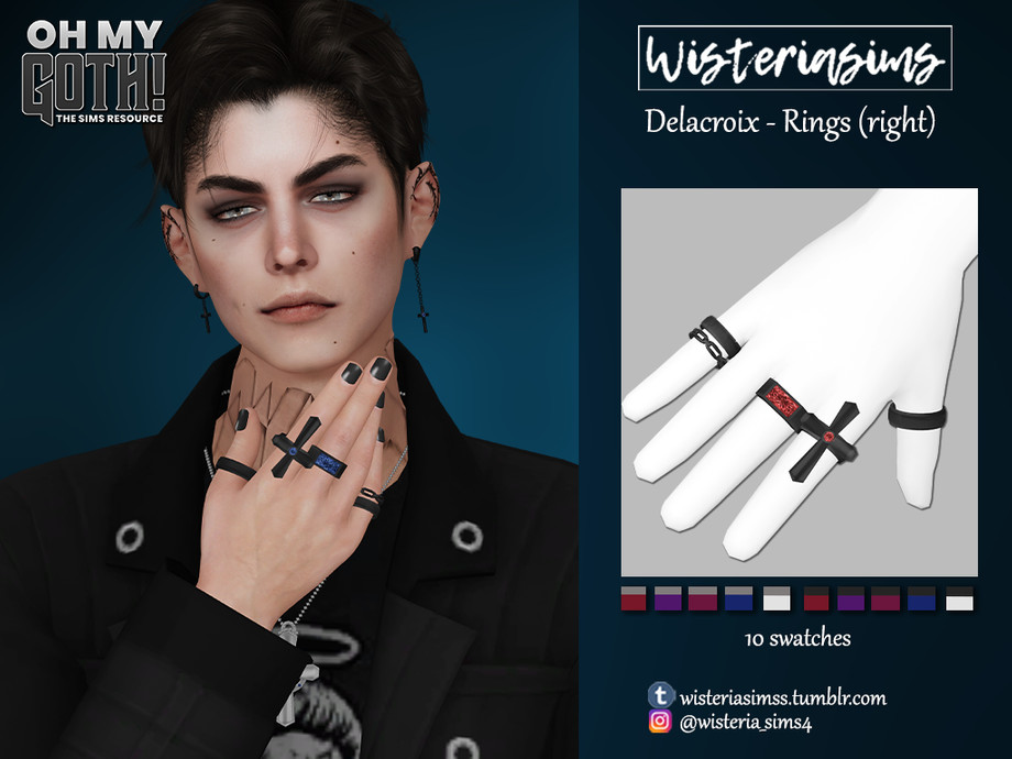 Un sim masculin avec deux boucles d'oreilles avec des croix à l'extrémité. Il a la main devant son cou pour montrer ses bagues gothiques qui ont également une croix pour correspondre aux boucles d'oreilles. Il porte également une veste noire sur un t-shirt graphique.