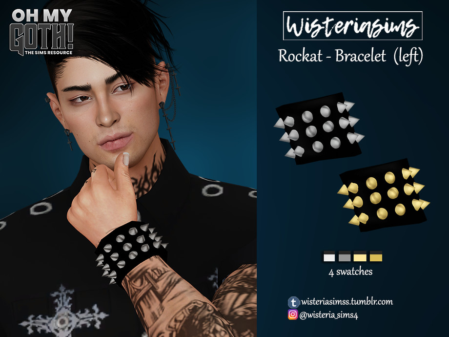 Un personnage masculin des Sims 4 avec des cheveux noirs, portant une chemise noire, des tatouages partout et portant un large bracelet à son poignet, couvert de pics.
