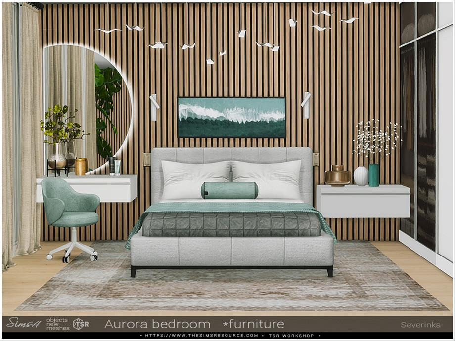 Un mur avec du bois à l'arrière, deux tables de chevet flottantes de chaque côté, un beau tapis et un magnifique lit avec des oreillers décoratifs.