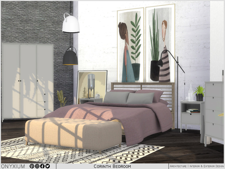 Une chambre avec une armoire, une commode, une table de chevet et un beau lit avec des draps mauves.